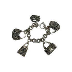 Silver Tone Charm Bracelet w Toggle Closure 5 Purse Handbag Dangling Charms